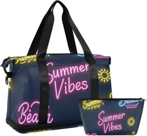 Sun Neon Summer Vibes Beach Gym Duffel Bag Carry On Weekend Bag with Toiletry Bag for Business Trips Large Capacity