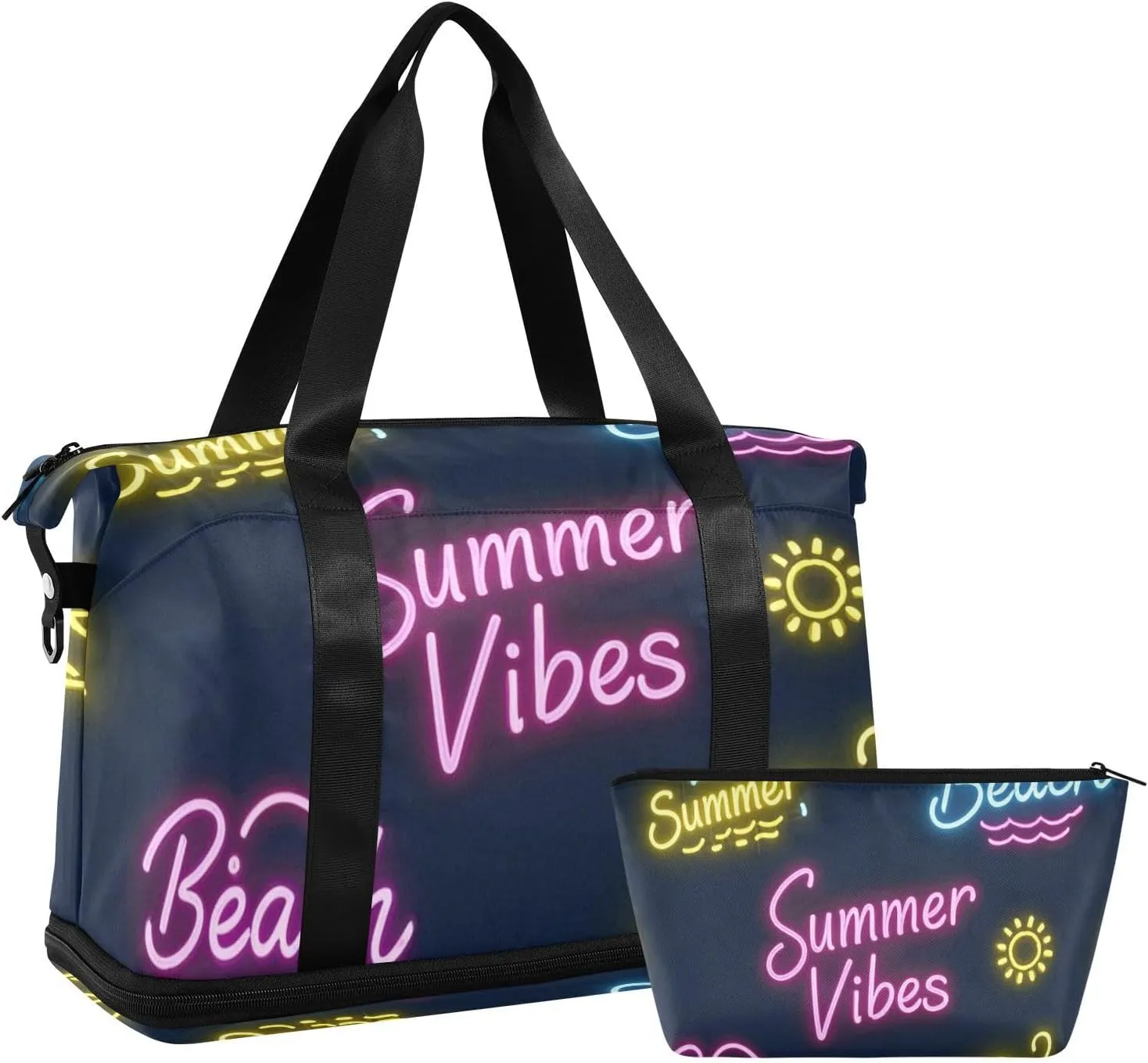 Sun Neon Summer Vibes Beach Gym Duffel Bag Carry On Weekend Bag with Toiletry Bag for Business Trips Large Capacity