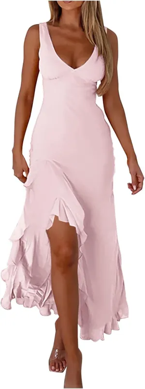 Sundresses for Women 2025 Slim Fit V Neck Sleeveless Maxi Dress Casual Ruffle Asymmetrical Slit Party Beach Dress