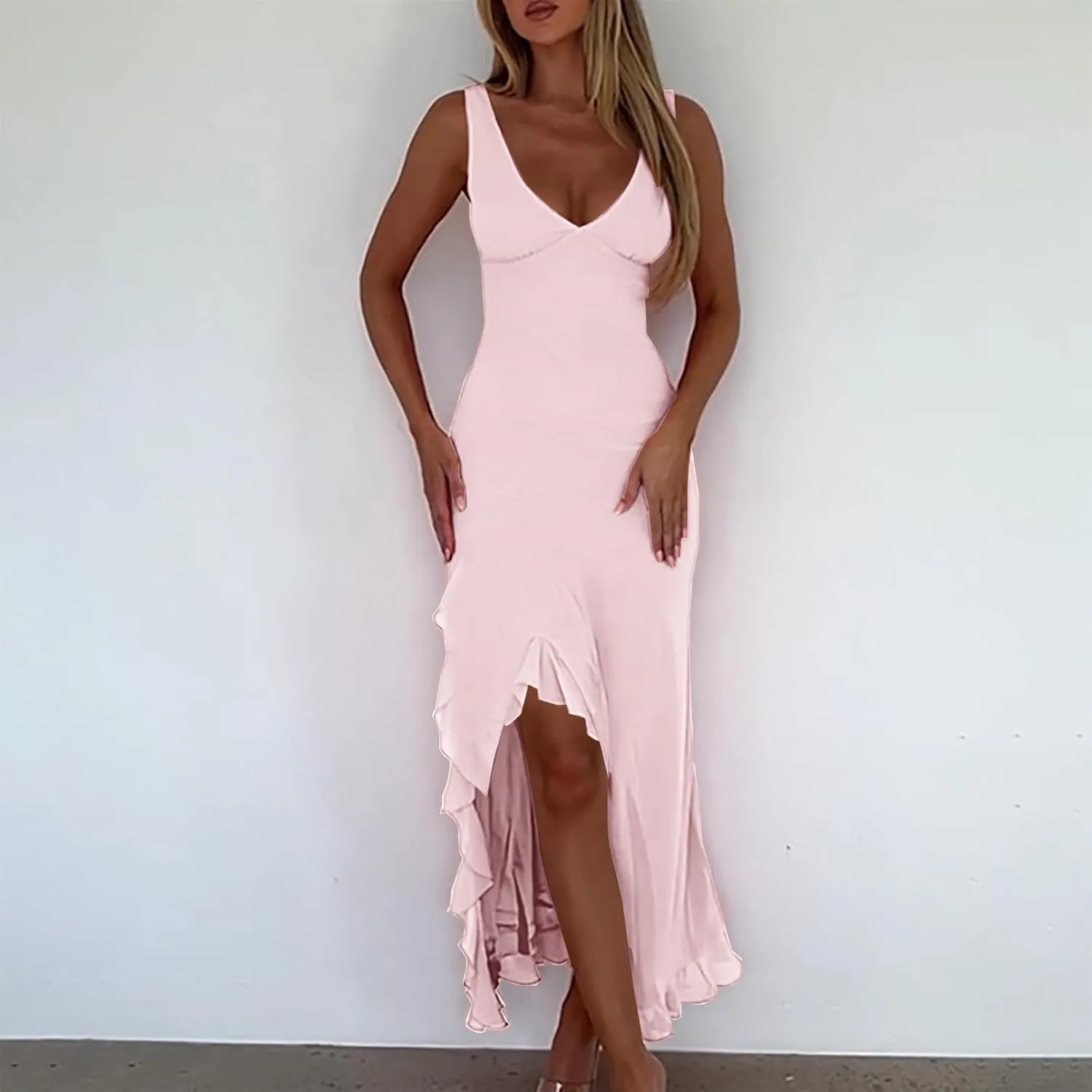 Sundresses for Women 2025 Slim Fit V Neck Sleeveless Maxi Dress Casual Ruffle Asymmetrical Slit Party Beach Dress