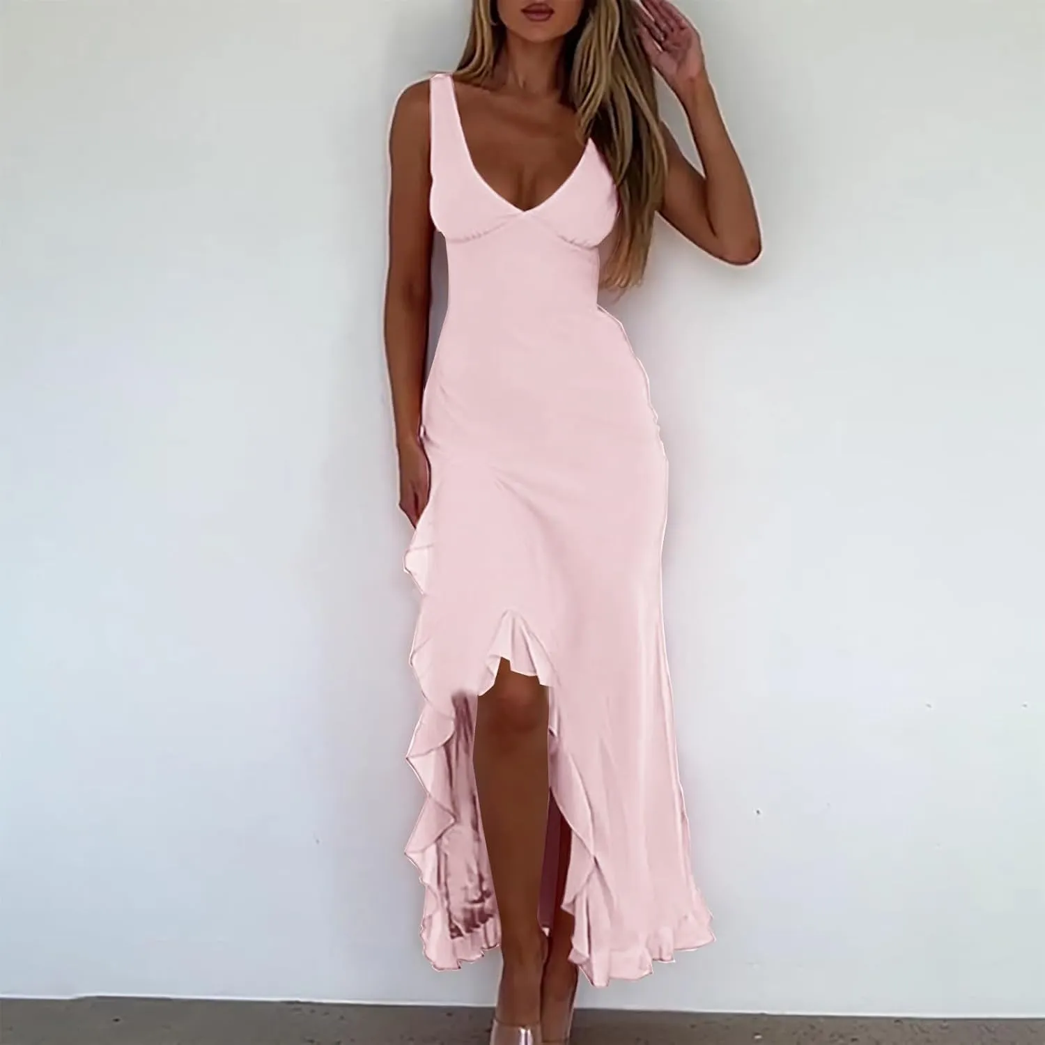 Sundresses for Women 2025 Slim Fit V Neck Sleeveless Maxi Dress Casual Ruffle Asymmetrical Slit Party Beach Dress
