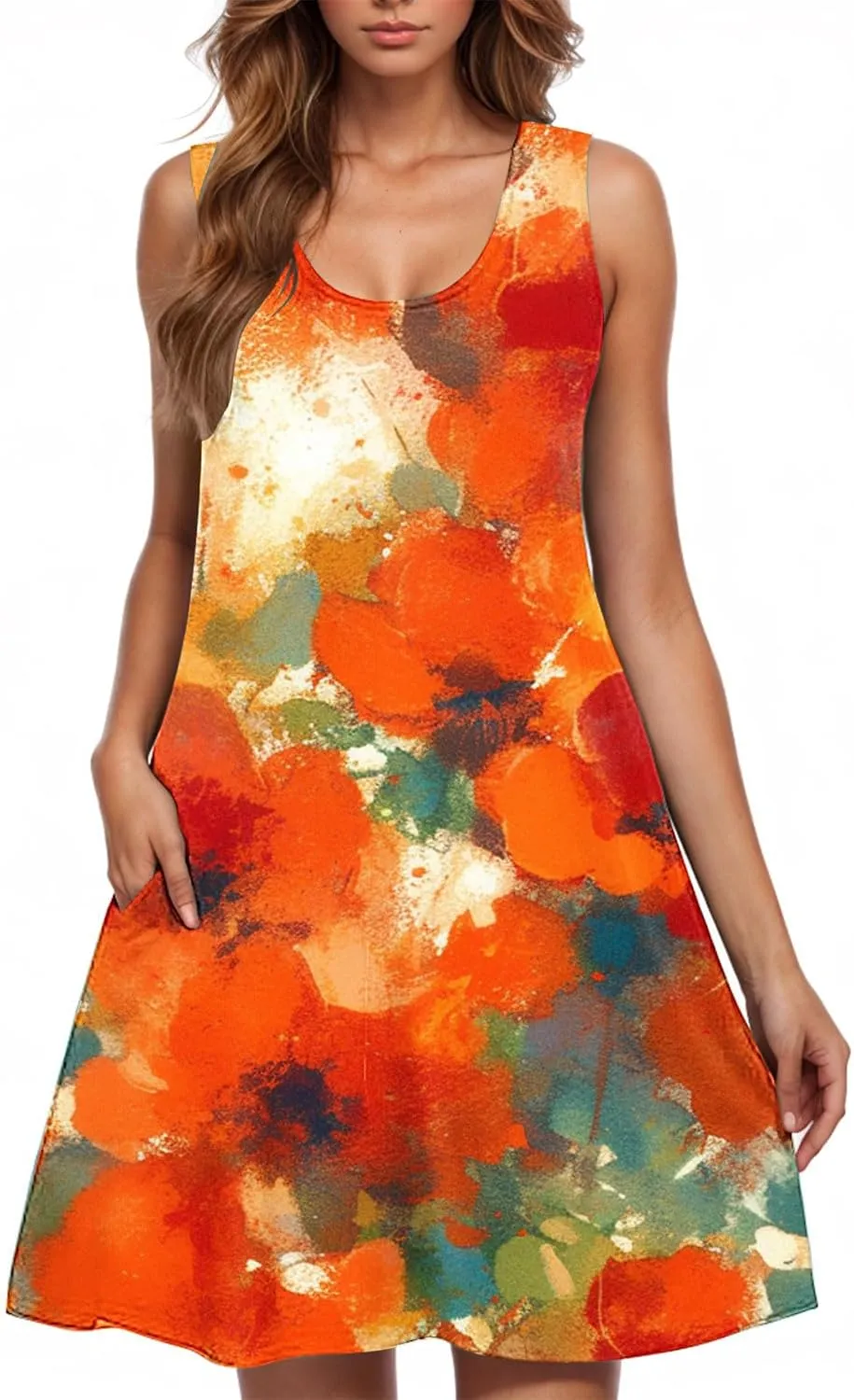 Sunflower Print Sleeveless Dress for Women Casual Scoop Neck A-Line Summer Dress with Pockets Floral Sundress