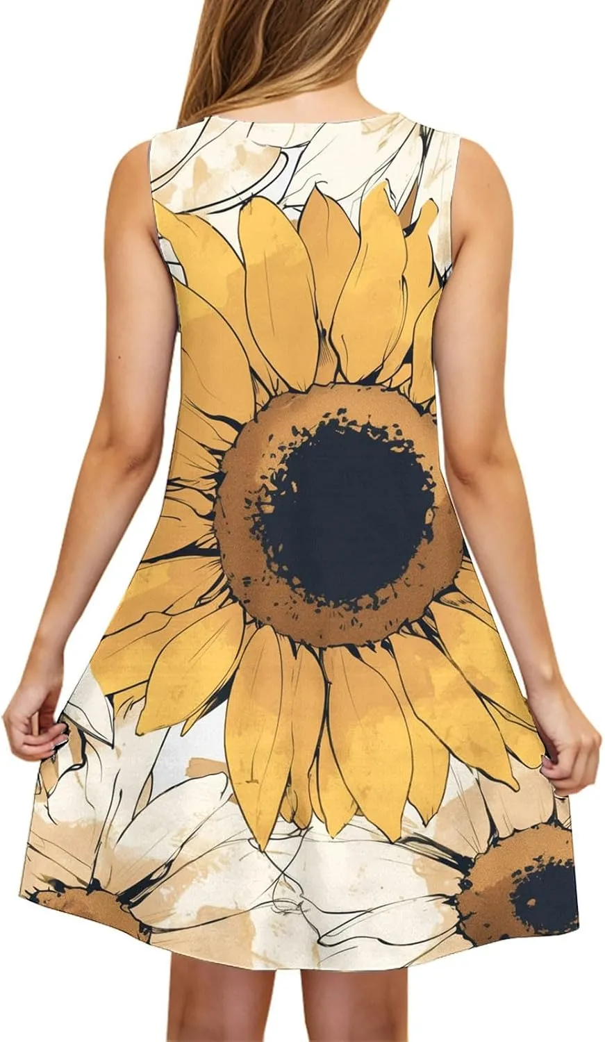 Sunflower Print Sleeveless Dress for Women Casual Scoop Neck A-Line Summer Dress with Pockets Floral Sundress