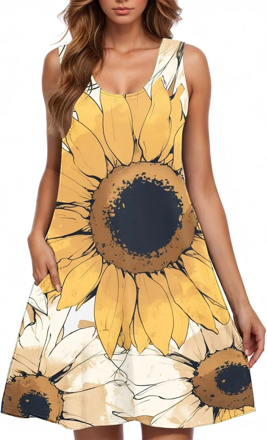 Sunflower Print Sleeveless Dress for Women Casual Scoop Neck A-Line Summer Dress with Pockets Floral Sundress
