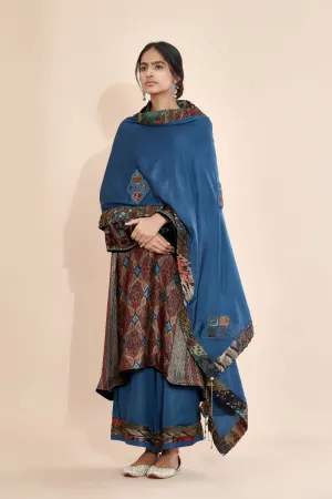 Sunira velvet patchwork tunic dress/kurta, blue silk stole and silk palazzo