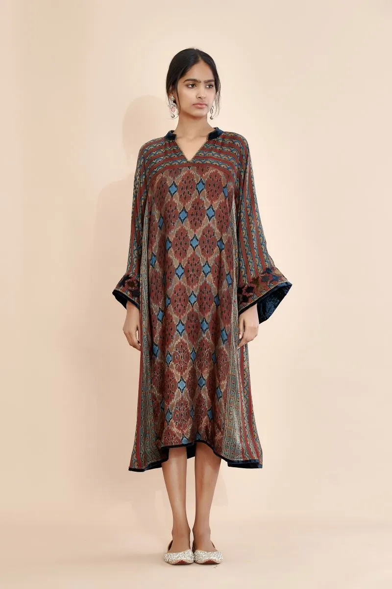 Sunira velvet patchwork tunic dress/kurta, blue silk stole and silk palazzo