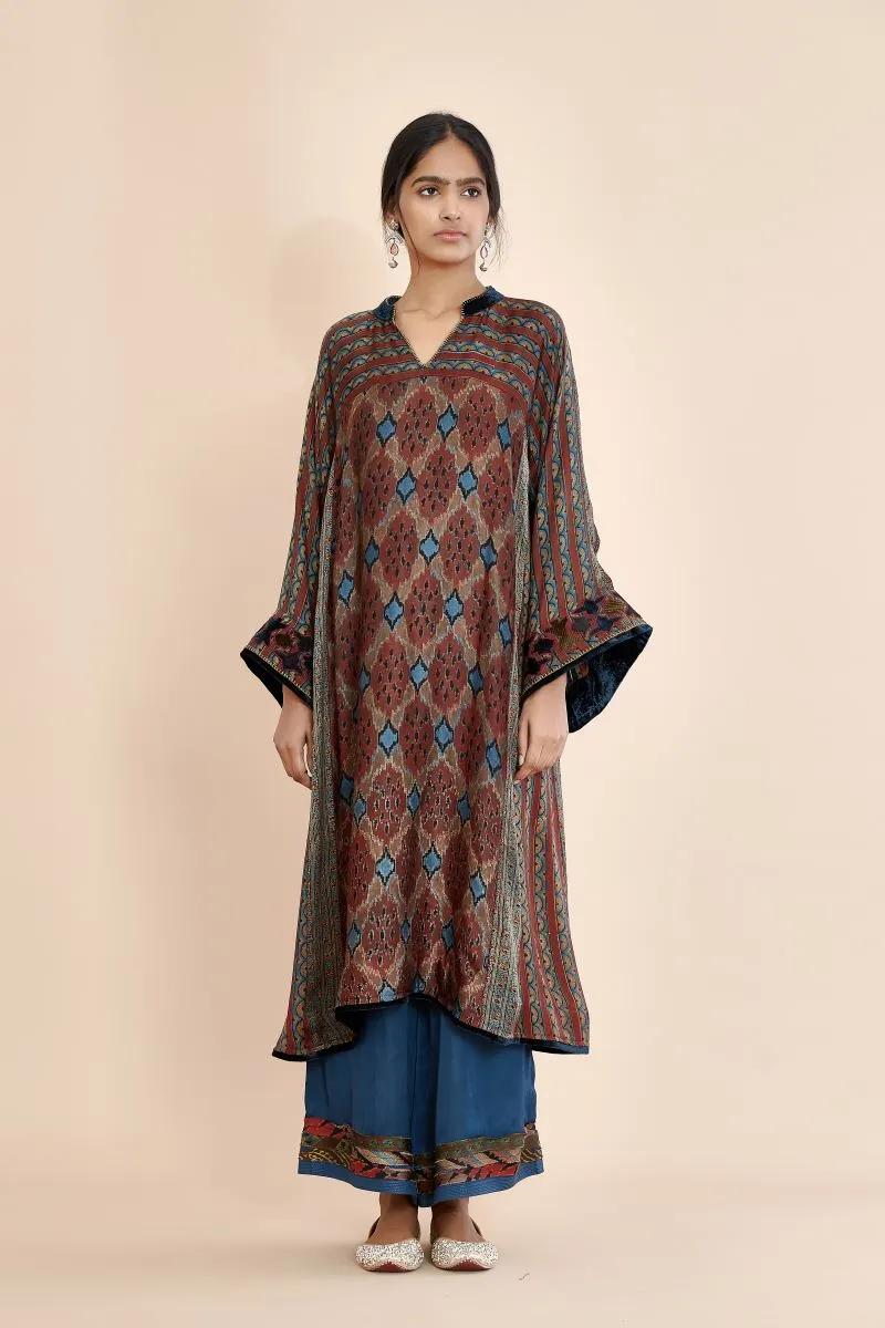 Sunira velvet patchwork tunic dress/kurta, blue silk stole and silk palazzo