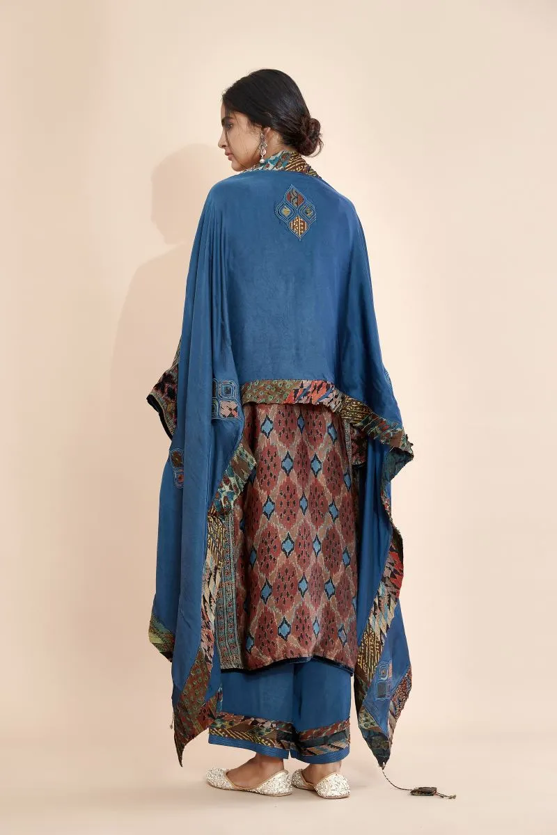 Sunira velvet patchwork tunic dress/kurta, blue silk stole and silk palazzo