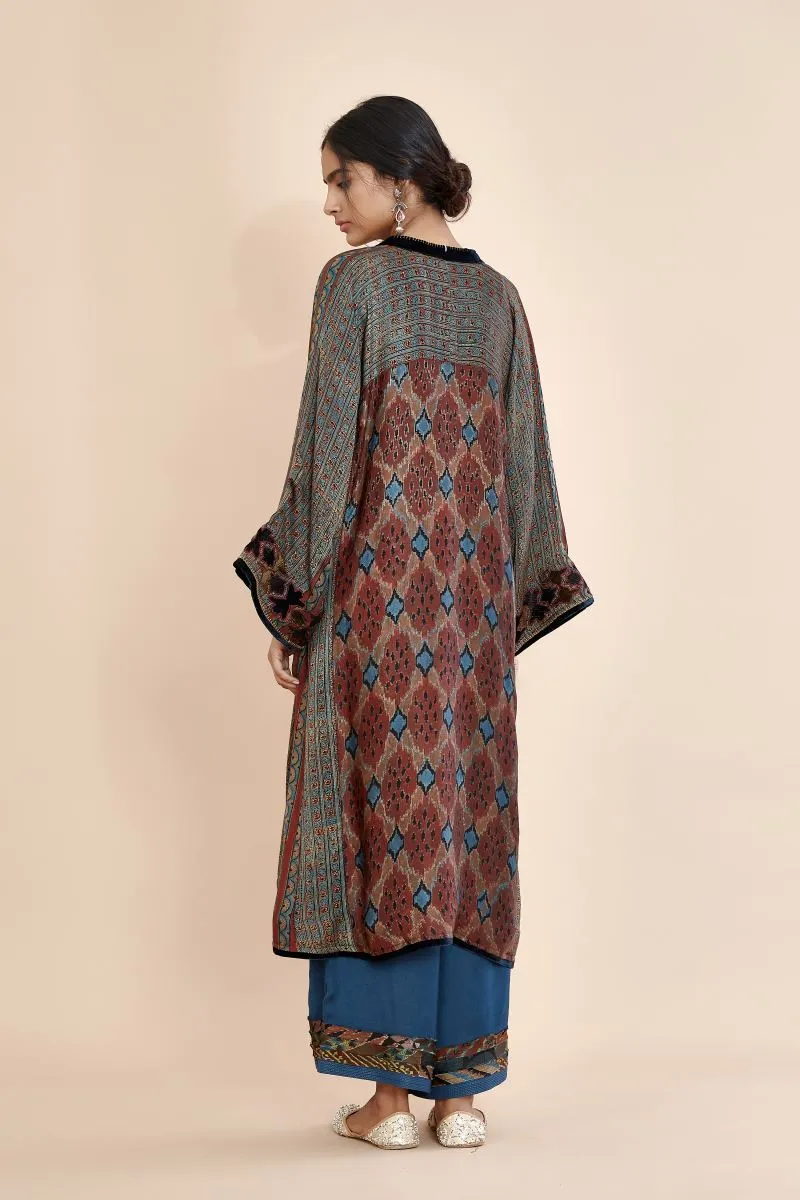 Sunira velvet patchwork tunic dress/kurta, blue silk stole and silk palazzo
