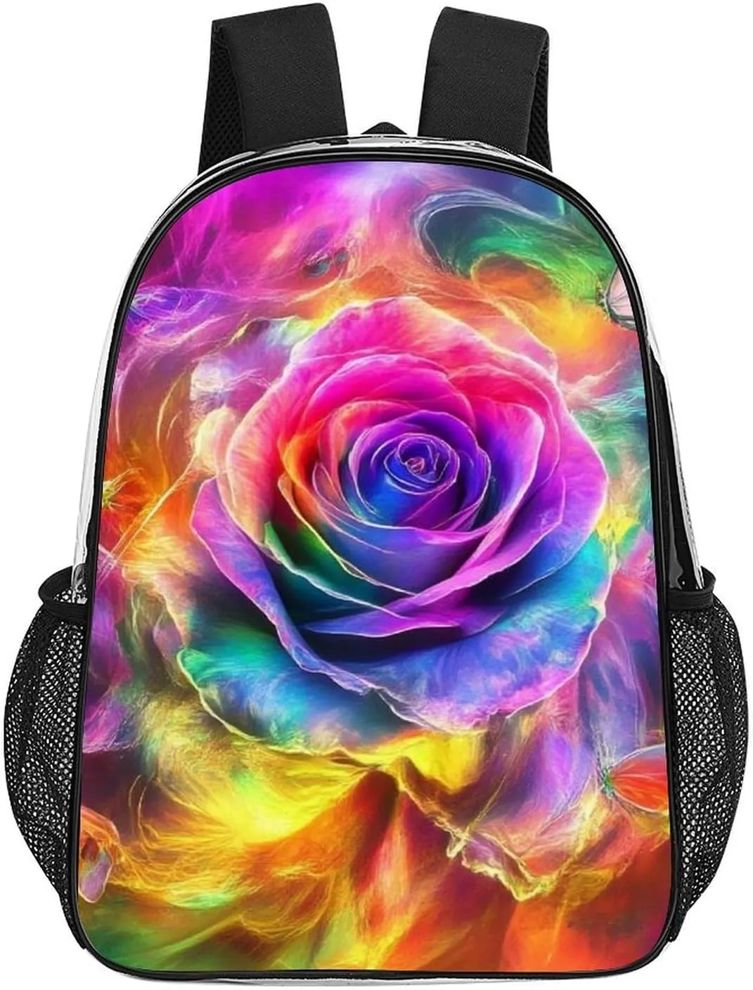 Supdreamc Lightweight Daypack Bookbag for Trekking Business Walking Cycling - Big Capacity Transparent Multipurpose Carry On Bag, Trippy Tie Dye Rose Colorful Art Business Computer Bag