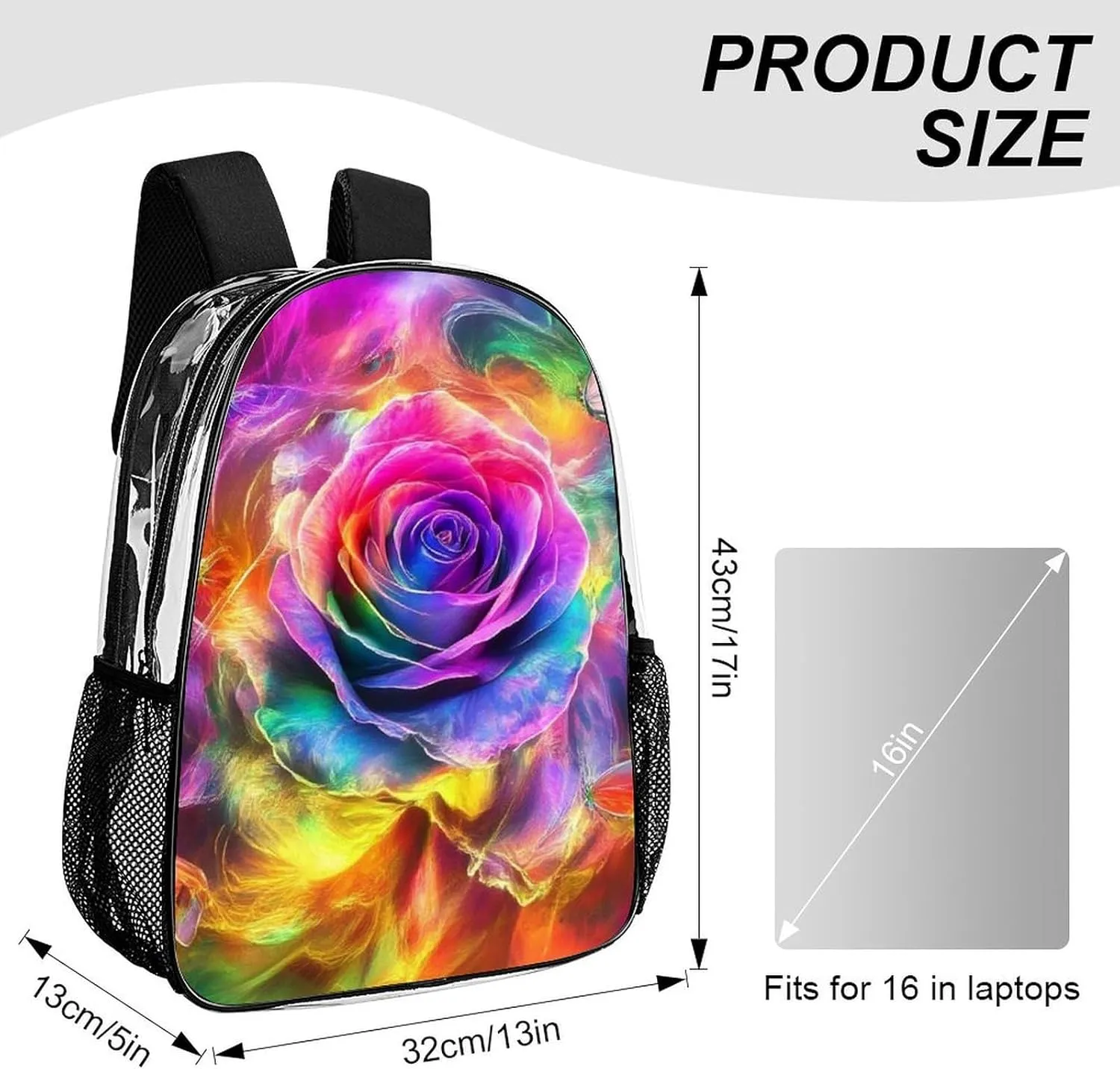 Supdreamc Lightweight Daypack Bookbag for Trekking Business Walking Cycling - Big Capacity Transparent Multipurpose Carry On Bag, Trippy Tie Dye Rose Colorful Art Business Computer Bag