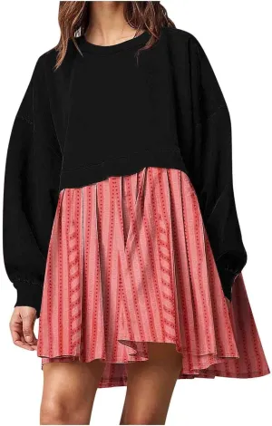 Sweatshirts Dresses for Women Crewneck Long Sleeve Patchwork Mini Dress Funny Print Graphic Shirt Loose Pullover Tops