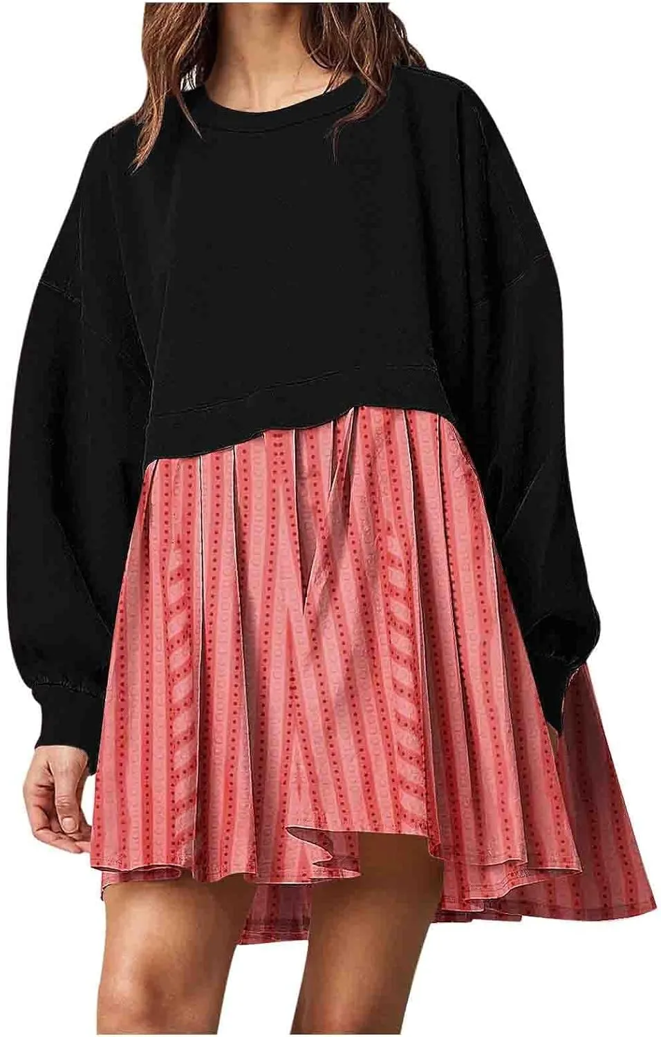 Sweatshirts Dresses for Women Crewneck Long Sleeve Patchwork Mini Dress Funny Print Graphic Shirt Loose Pullover Tops
