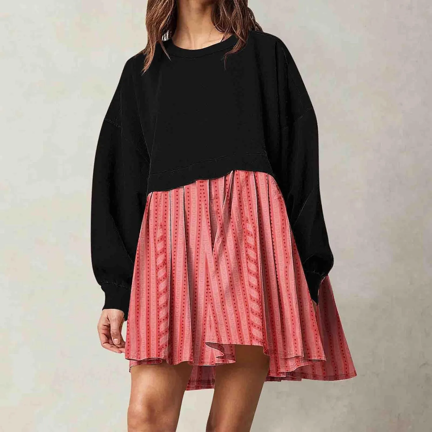 Sweatshirts Dresses for Women Crewneck Long Sleeve Patchwork Mini Dress Funny Print Graphic Shirt Loose Pullover Tops