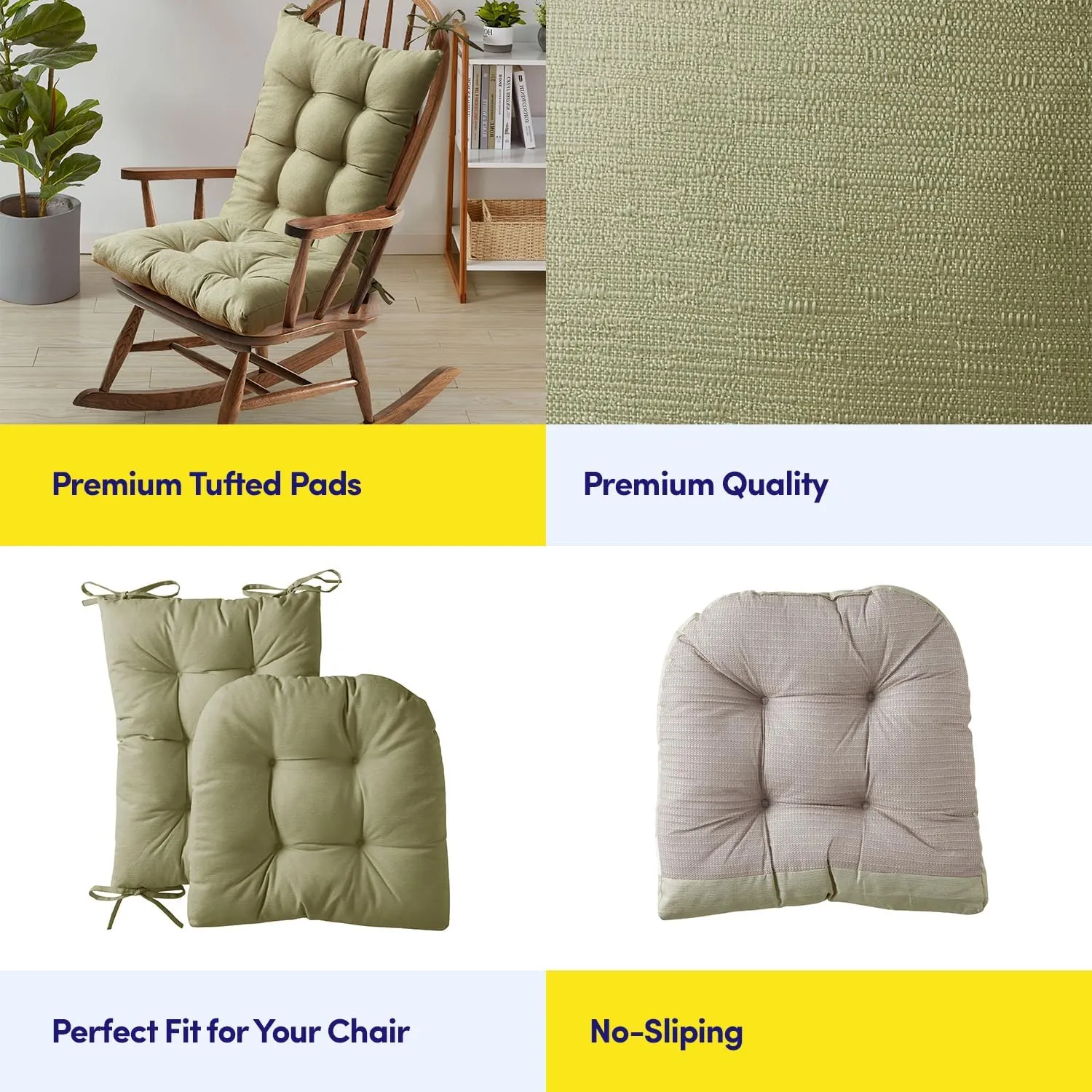 Sweet Home Collection Rocking Chair Cushion Premium Tufted Pads Non Skid Slip Backed Set of Upper and Lower with Ties, 1 Count (Pack of 1), Sage