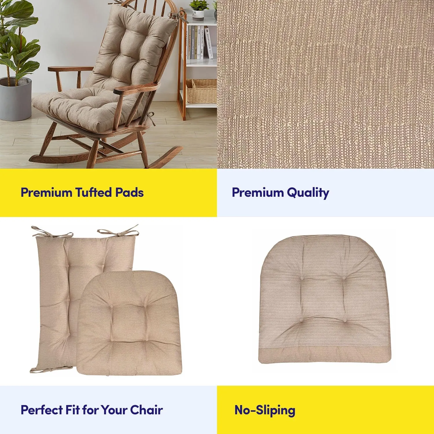 Sweet Home Collection Rocking Chair Cushion Premium Tufted Pads Non Skid Slip Backed Set of Upper and Lower with Ties, 1 Count (Pack of 1), Taupe