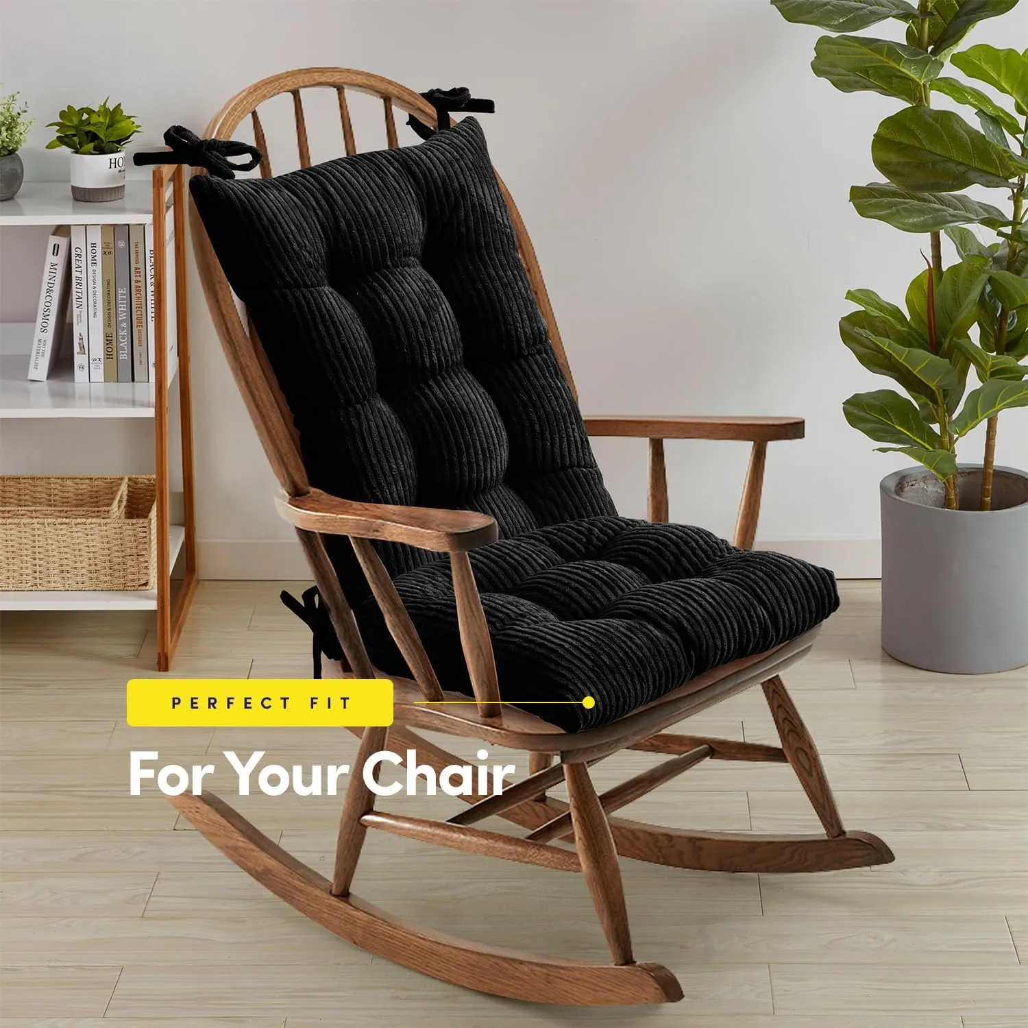 Sweet Home Collection Rocking Chair Cushion Premium Tufted Pads Non Skid Slip Backed Set of Upper and Lower with Ties, 1 Count (Pack of 1), Velvet Black