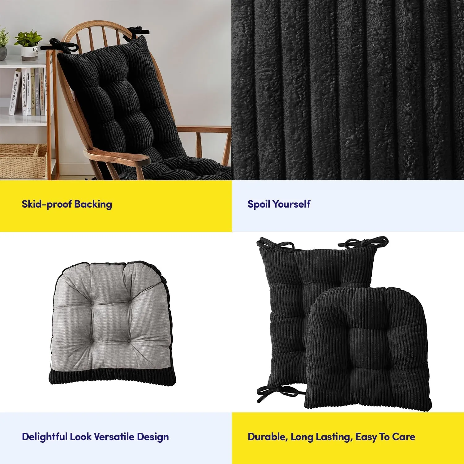 Sweet Home Collection Rocking Chair Cushion Premium Tufted Pads Non Skid Slip Backed Set of Upper and Lower with Ties, 1 Count (Pack of 1), Velvet Black