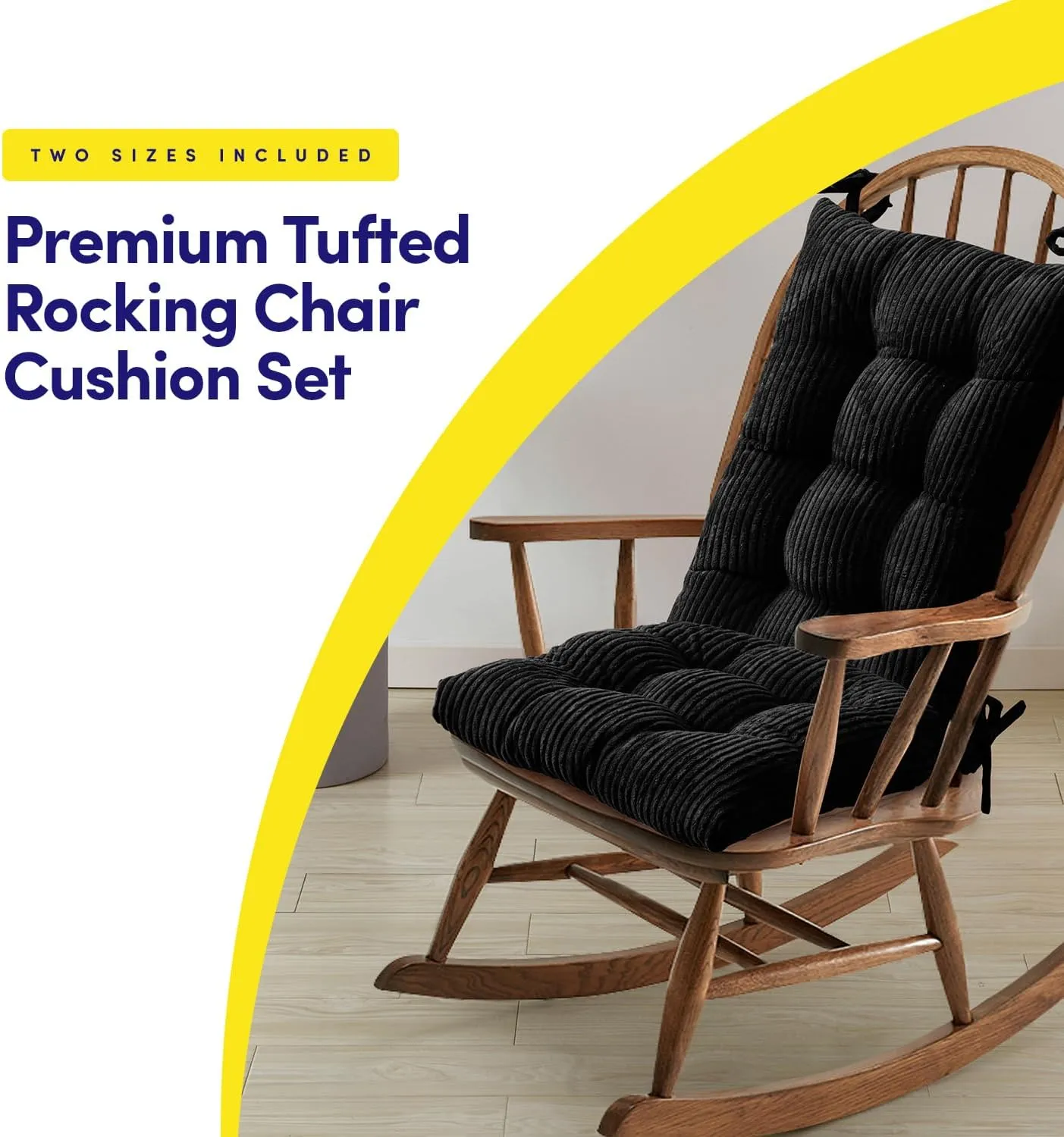 Sweet Home Collection Rocking Chair Cushion Premium Tufted Pads Non Skid Slip Backed Set of Upper and Lower with Ties, 1 Count (Pack of 1), Velvet Black