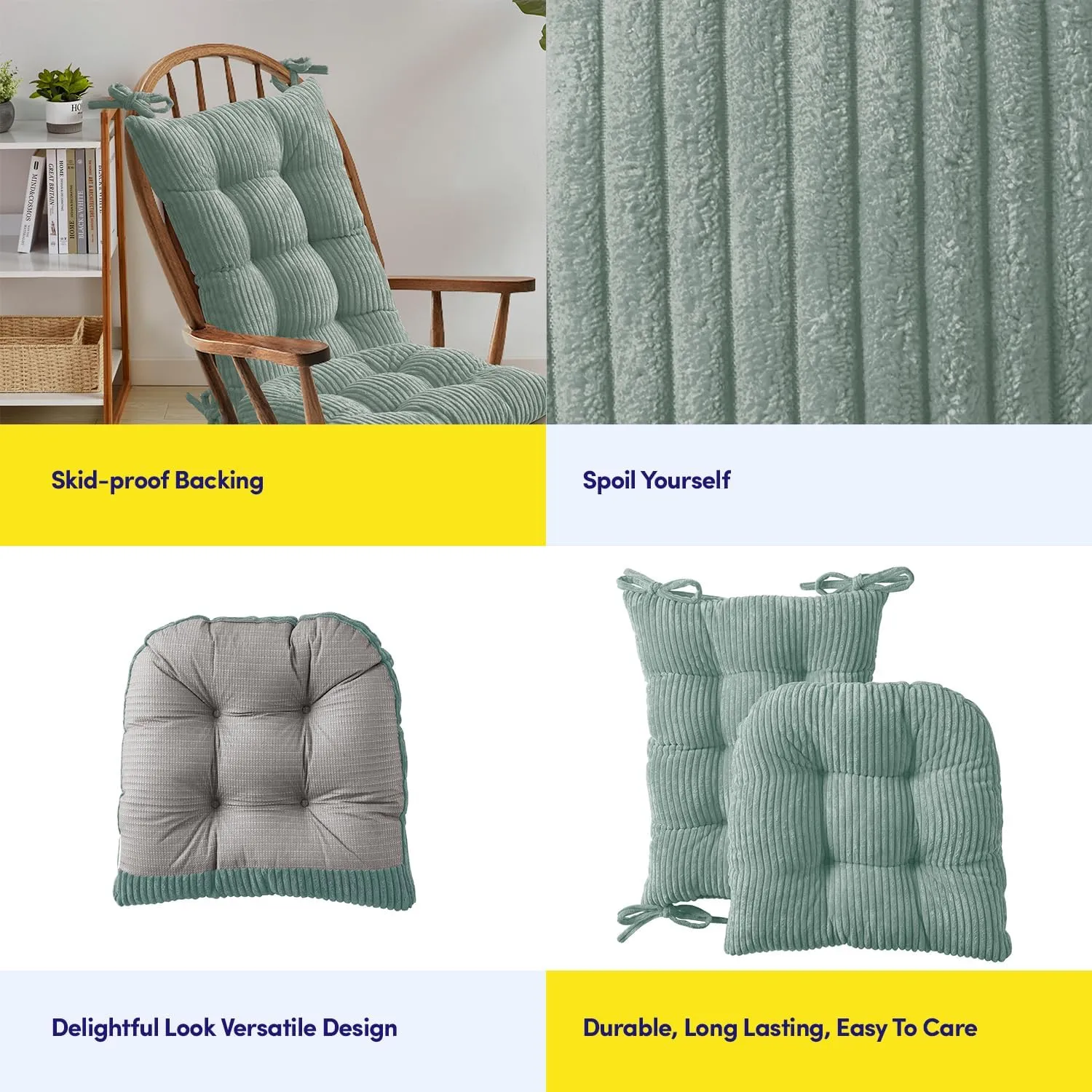 Sweet Home Collection Rocking Chair Cushion Premium Tufted Pads Non Skid Slip Backed Set of Upper and Lower with Ties, 1 Count (Pack of 1), Velvet Mint