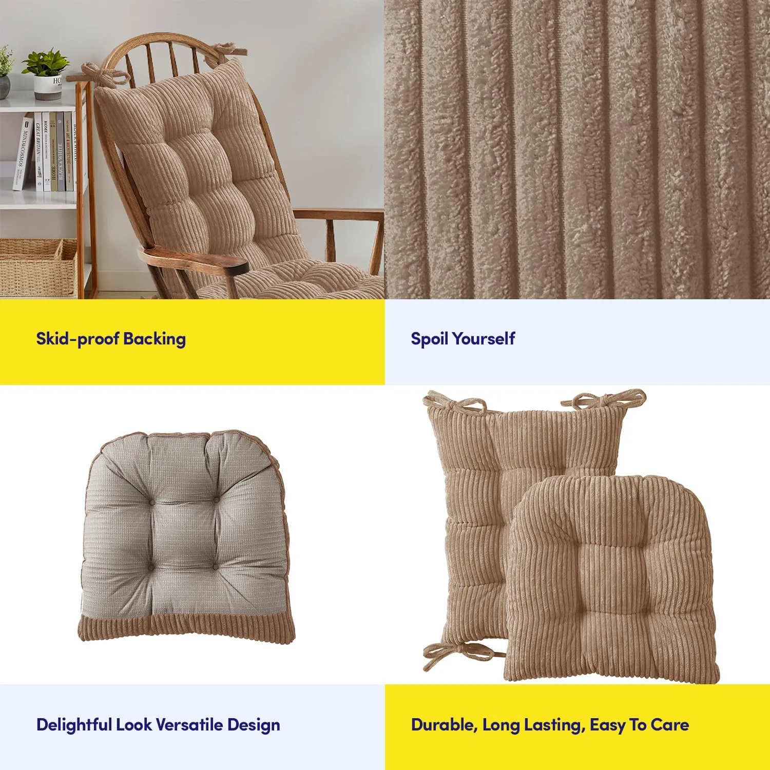 Sweet Home Collection Rocking Chair Cushion Premium Tufted Pads Non Skid Slip Backed Set of Upper and Lower with Ties, 1 Count (Pack of 1), Velvet Taupe