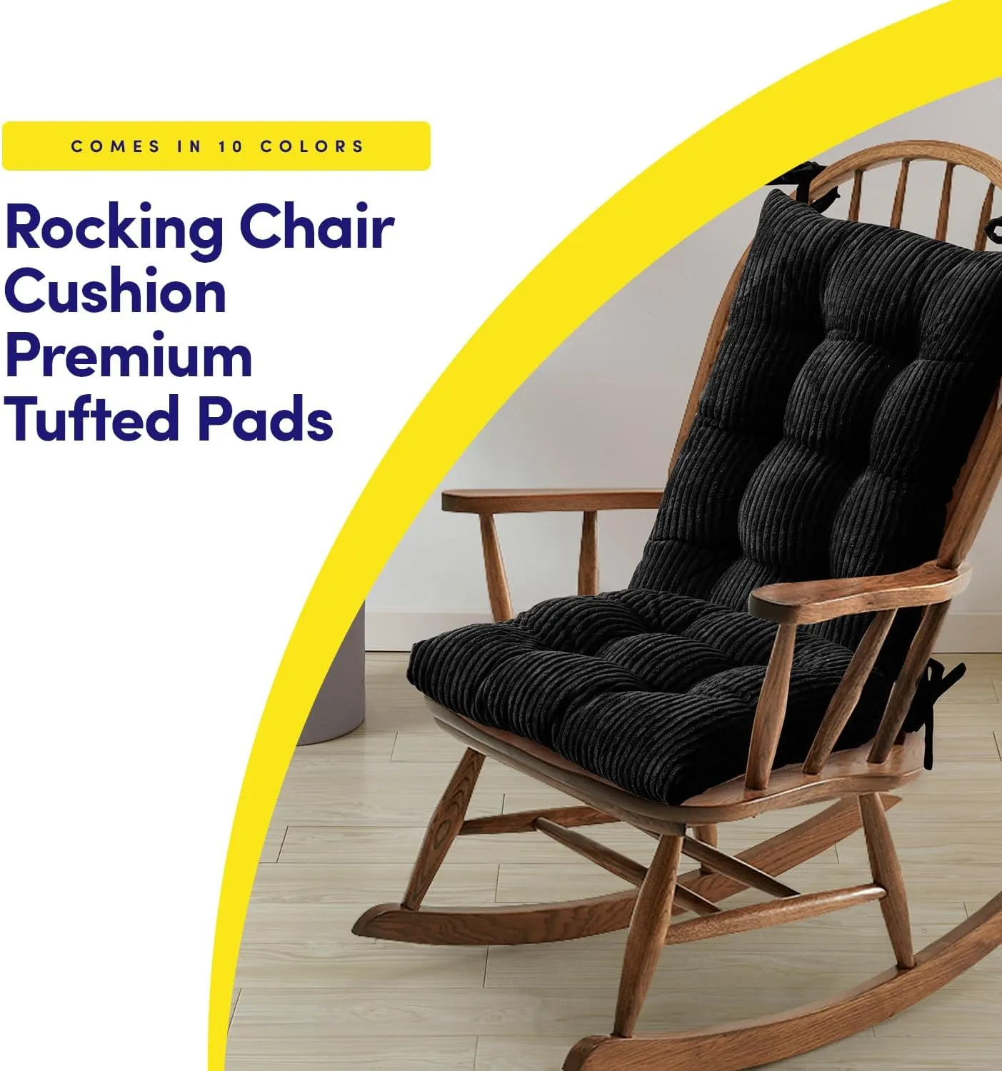 Sweet Home Collection Rocking Chair Cushion Premium Tufted Pads Non Skid Slip Backed Upper and Lower with Ties, 2 Piece Set, Black