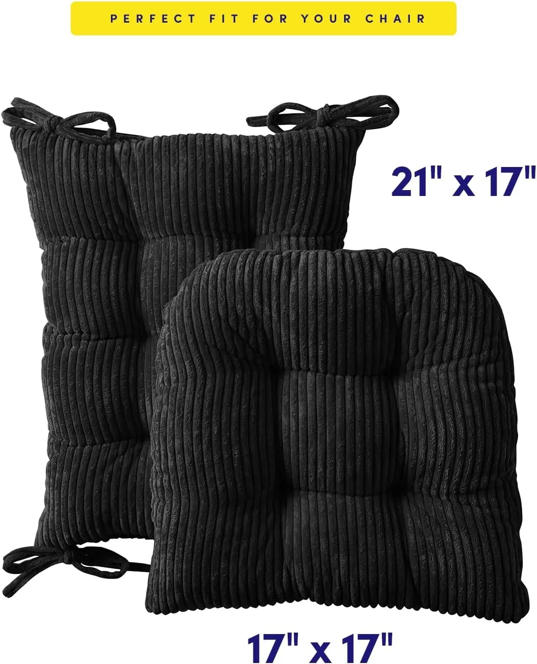 Sweet Home Collection Rocking Chair Cushion Premium Tufted Pads Non Skid Slip Backed Upper and Lower with Ties, 2 Piece Set, Black