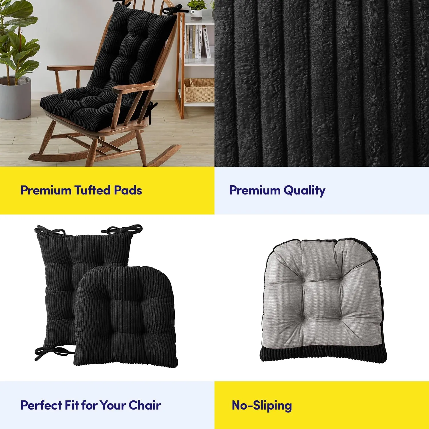 Sweet Home Collection Rocking Chair Cushion Premium Tufted Pads Non Skid Slip Backed Upper and Lower with Ties, 2 Piece Set, Black