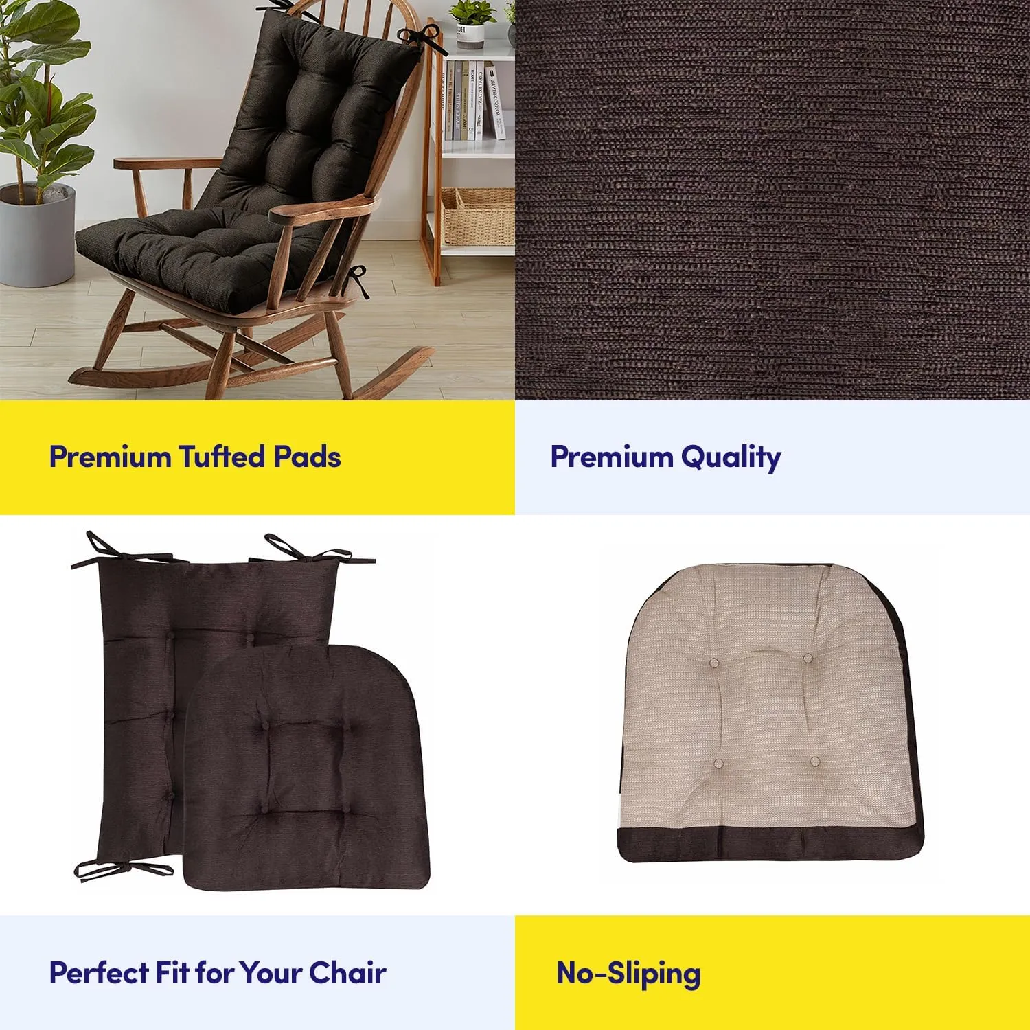 Sweet Home Collection Rocking Chair Cushion Premium Tufted Pads Non Skid Slip Backed Upper and Lower with Ties, 2 Piece Set, Brown