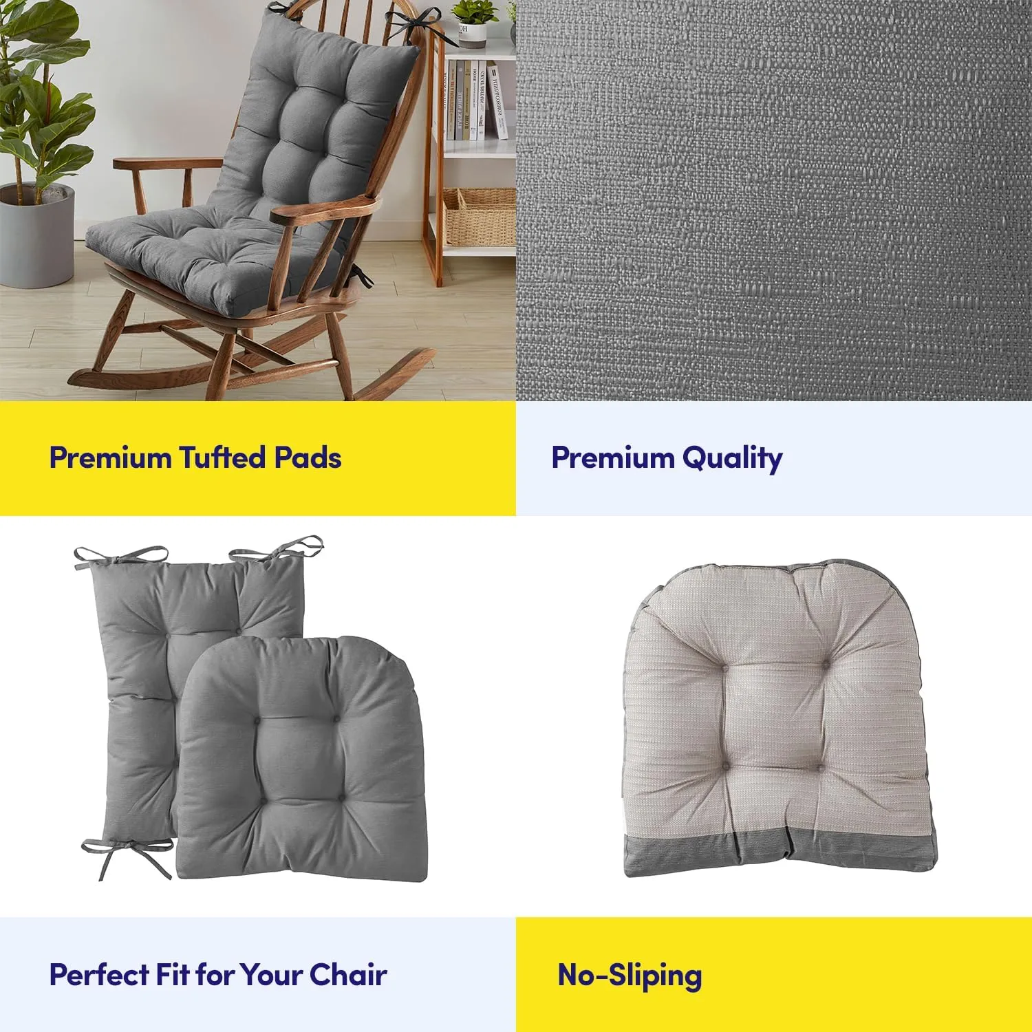Sweet Home Collection Rocking Chair Cushion Premium Tufted Pads Non Skid Slip Backed Upper and Lower with Ties, 2 Piece Set, Gray