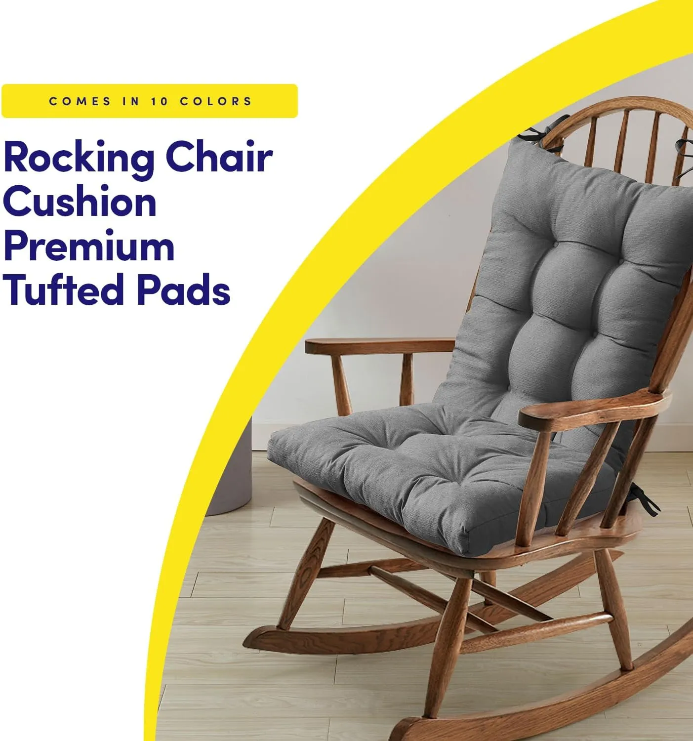 Sweet Home Collection Rocking Chair Cushion Premium Tufted Pads Non Skid Slip Backed Upper and Lower with Ties, 2 Piece Set, Gray