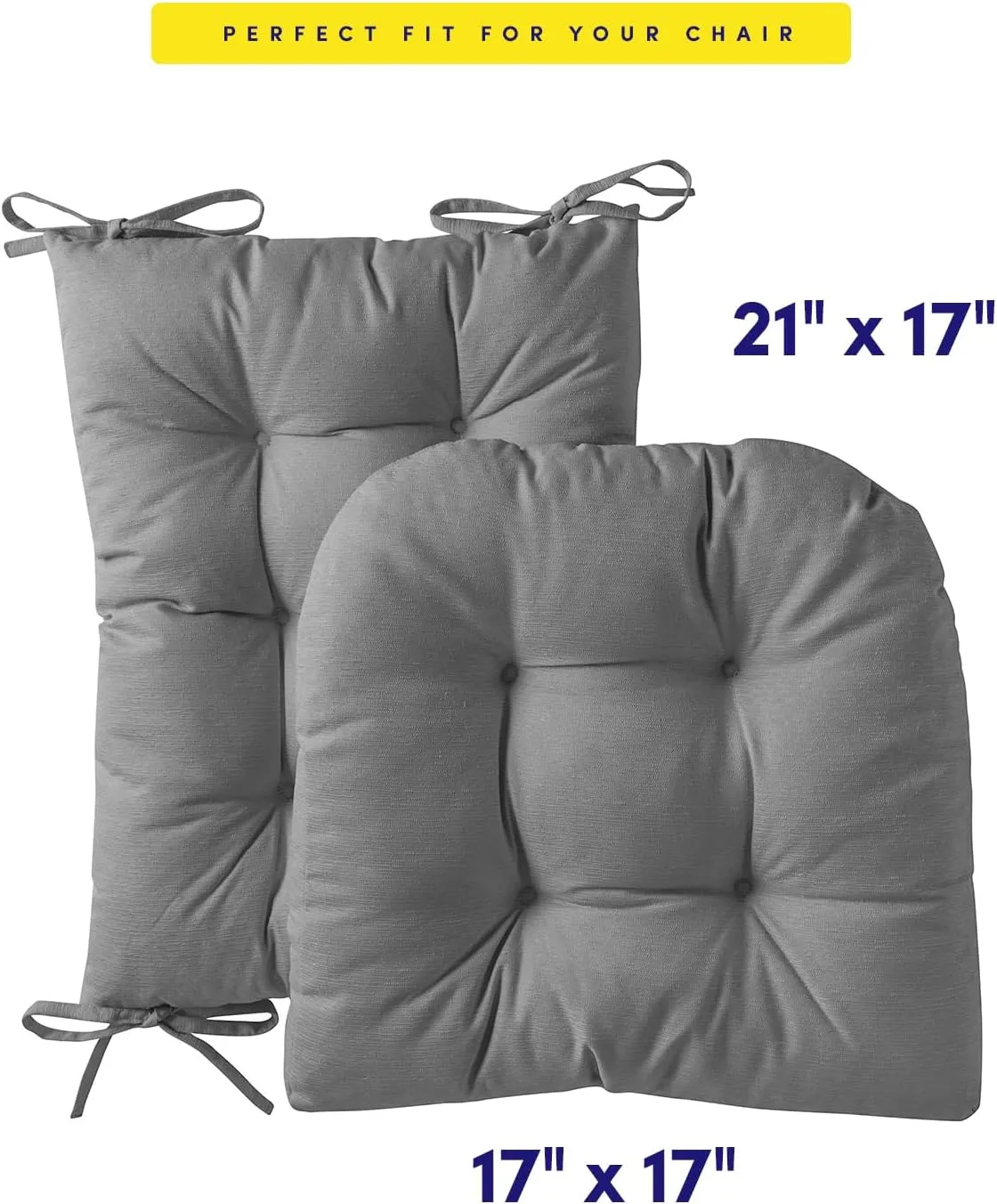 Sweet Home Collection Rocking Chair Cushion Premium Tufted Pads Non Skid Slip Backed Upper and Lower with Ties, 2 Piece Set, Gray