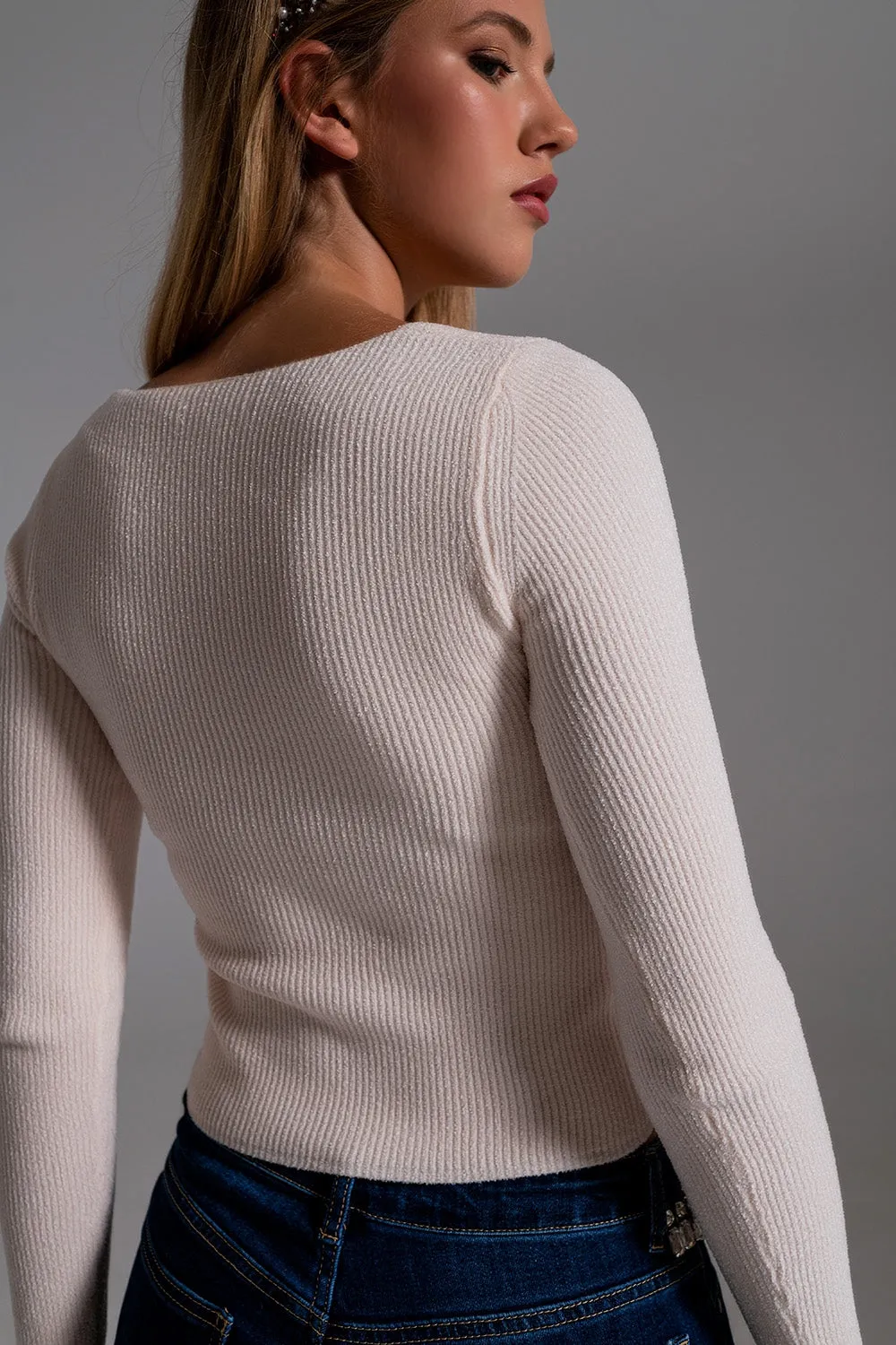 Sweetheart Neckline Chenille Sweater – Cream