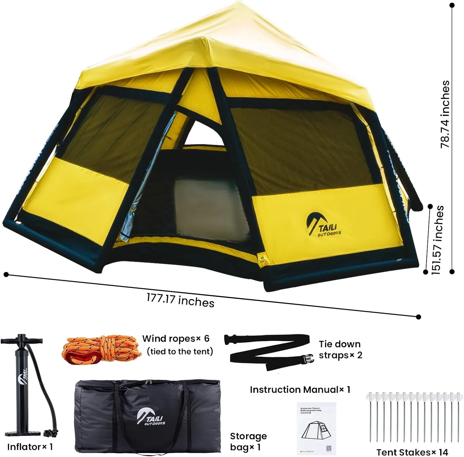 TAILI Inflatable Blow Up Tent for Camping with Hand Pump for 2/4/6/8 Person, Easy Setup Outdoor Inflatable Oxford Waterproof Air Tent House for Family Camping Adult