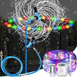 Tandefio Trampoline Sprinkler with LED Trampoline Lights Outdoor Trampoline Accessories 360 Rotating Water Sprinkler for Backyard Water Park Fun Water Outside Play Games