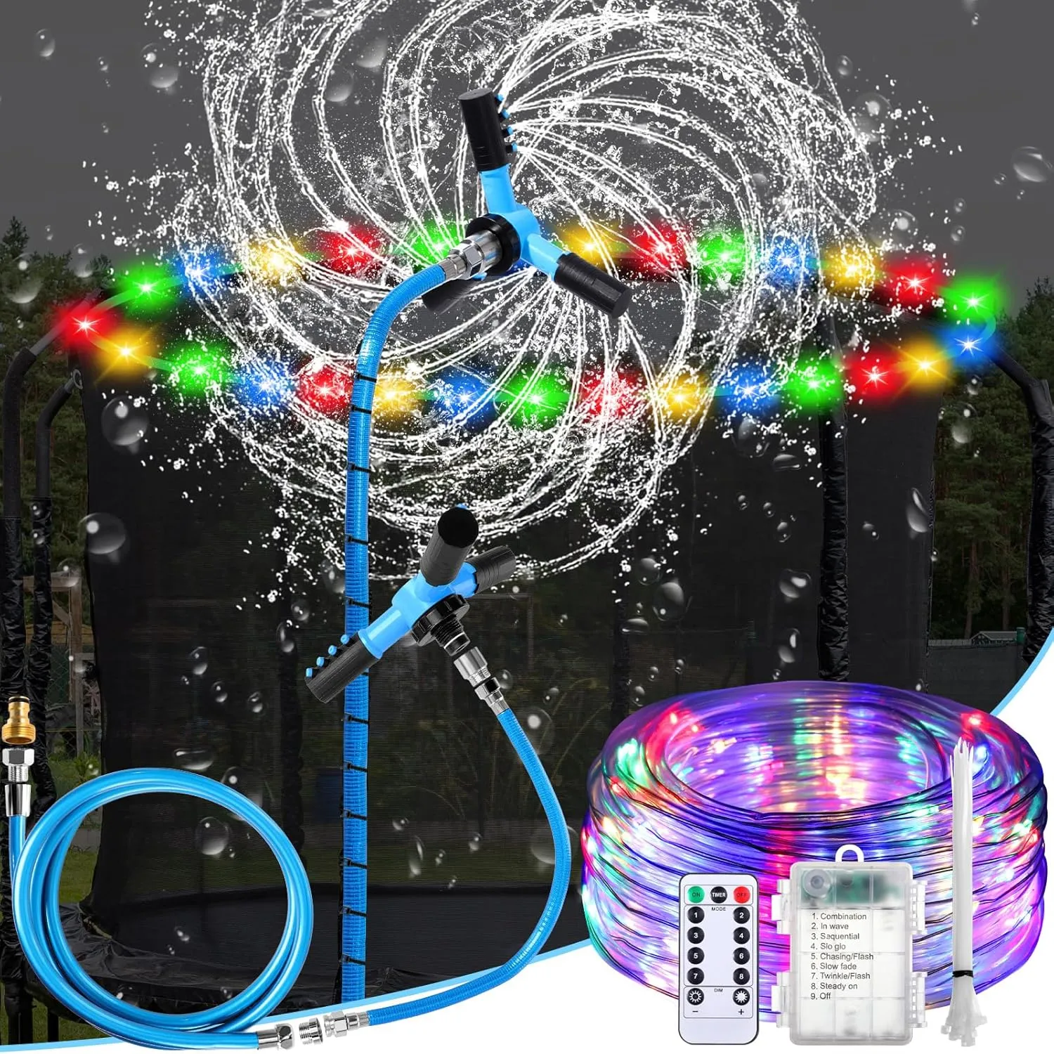 Tandefio Trampoline Sprinkler with LED Trampoline Lights Outdoor Trampoline Accessories 360 Rotating Water Sprinkler for Backyard Water Park Fun Water Outside Play Games