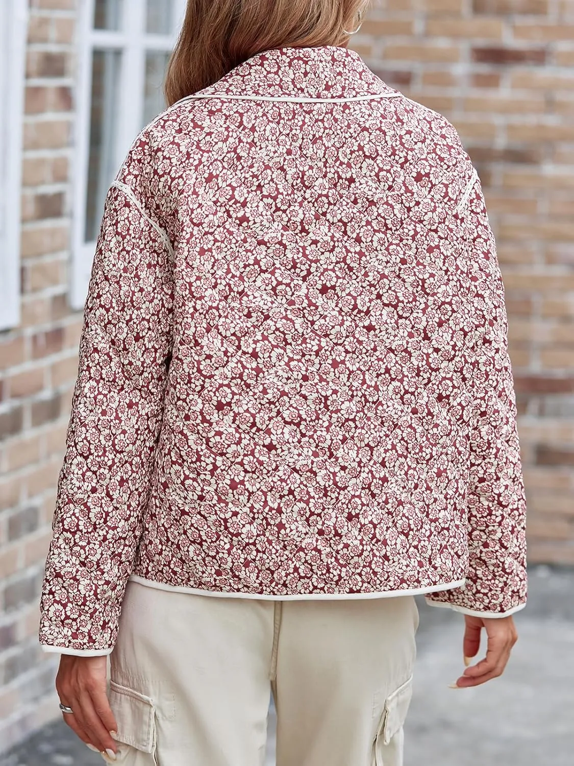 Tankaneo Womens Puffer Quilted Jacket Lightweight Floral Print Button Down Long Sleeve Patchwork Outwear Coats