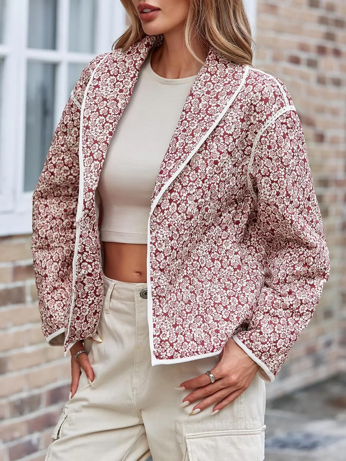 Tankaneo Womens Puffer Quilted Jacket Lightweight Floral Print Button Down Long Sleeve Patchwork Outwear Coats