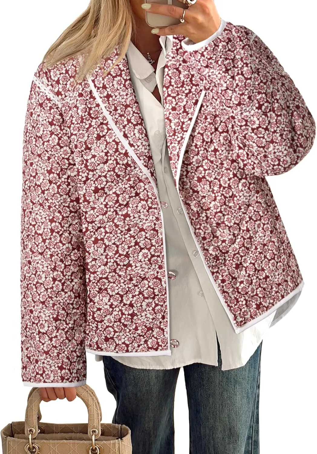 Tankaneo Womens Puffer Quilted Jacket Lightweight Floral Print Button Down Long Sleeve Patchwork Outwear Coats