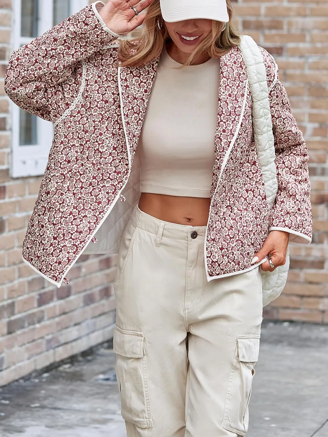 Tankaneo Womens Puffer Quilted Jacket Lightweight Floral Print Button Down Long Sleeve Patchwork Outwear Coats