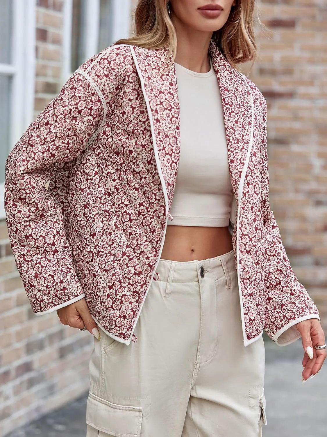 Tankaneo Womens Puffer Quilted Jacket Lightweight Floral Print Button Down Long Sleeve Patchwork Outwear Coats