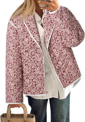 Tankaneo Womens Puffer Quilted Jacket Lightweight Floral Print Button Down Long Sleeve Patchwork Outwear Coats