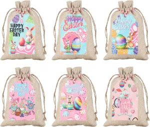 Tapleap Easter Eggs Bags for Kids Classroom, 4x6 inches Burlap Gift Bags with Tags and String, For Wrapping Party Favors, Decorate Business Event