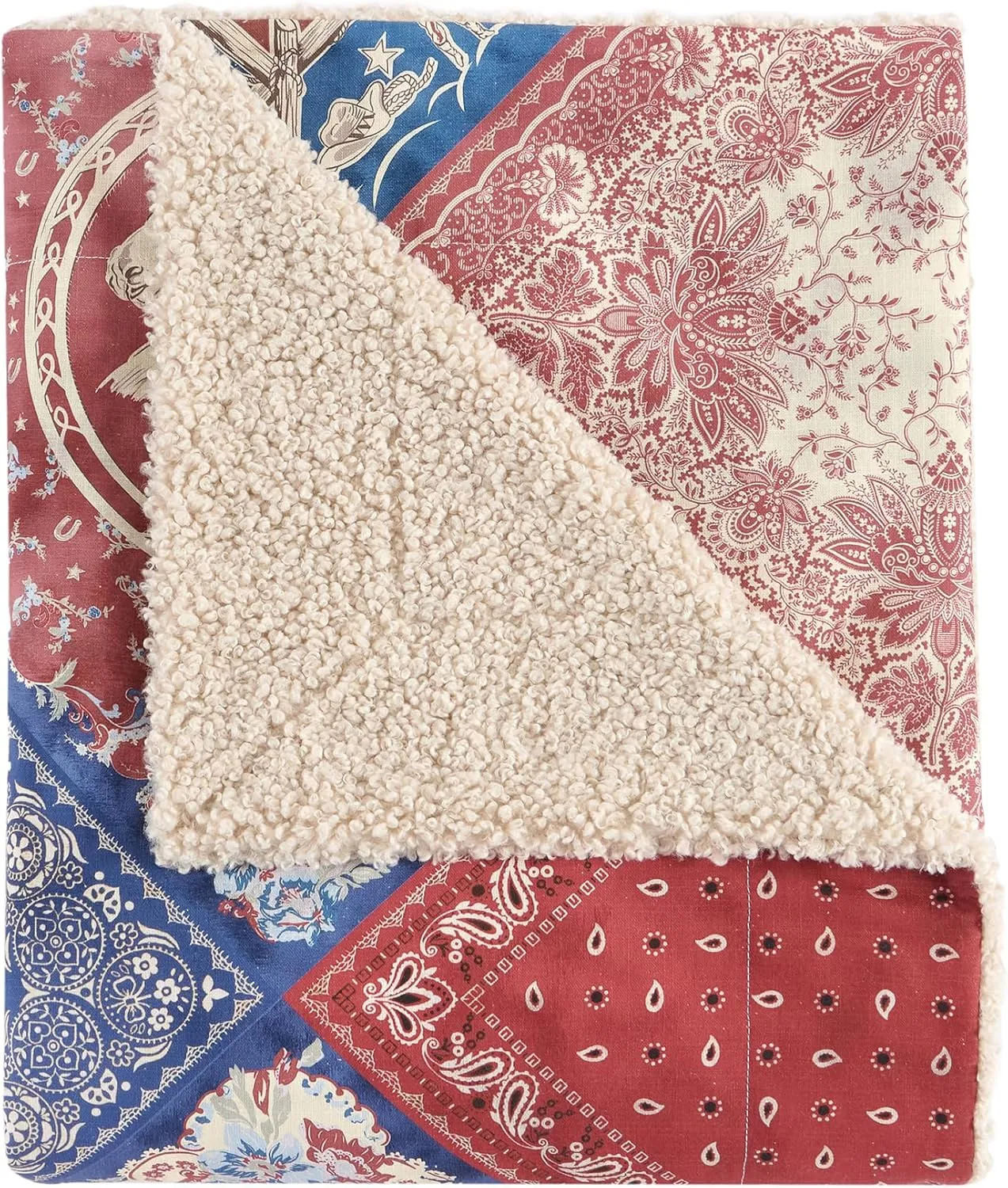 Tasha Polizzi for Paseo Road Patchwork Bandana Western Throw Blanket, 50x60 inch, Red Blue Cream Throw, Teddy-Backed Soft Boucle Reverse Side, Medallion Paisley Print, Plush Cozy Blanket for Bed, Sofa