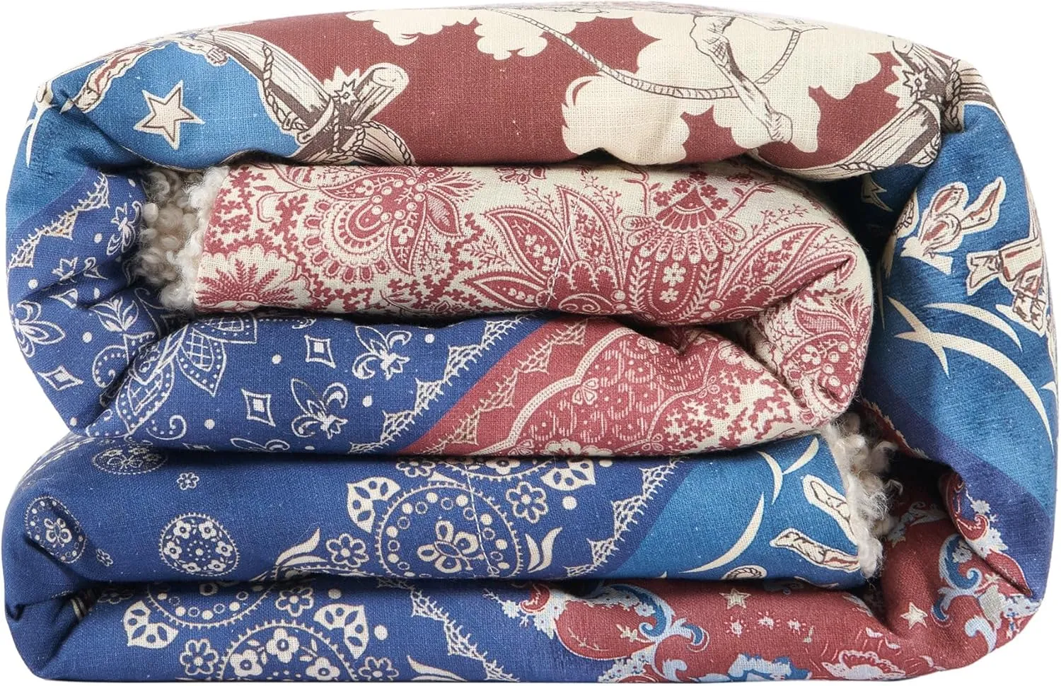 Tasha Polizzi for Paseo Road Patchwork Bandana Western Throw Blanket, 50x60 inch, Red Blue Cream Throw, Teddy-Backed Soft Boucle Reverse Side, Medallion Paisley Print, Plush Cozy Blanket for Bed, Sofa