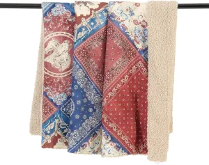 Tasha Polizzi for Paseo Road Patchwork Bandana Western Throw Blanket, 50x60 inch, Red Blue Cream Throw, Teddy-Backed Soft Boucle Reverse Side, Medallion Paisley Print, Plush Cozy Blanket for Bed, Sofa
