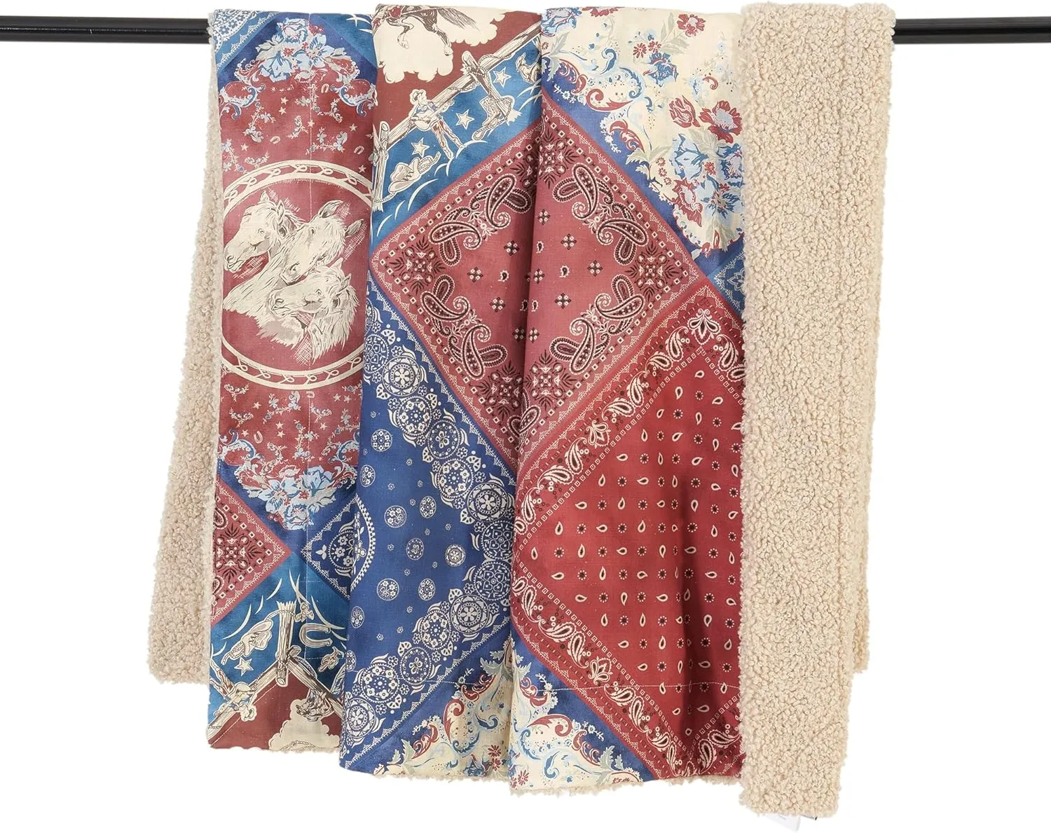 Tasha Polizzi for Paseo Road Patchwork Bandana Western Throw Blanket, 50x60 inch, Red Blue Cream Throw, Teddy-Backed Soft Boucle Reverse Side, Medallion Paisley Print, Plush Cozy Blanket for Bed, Sofa