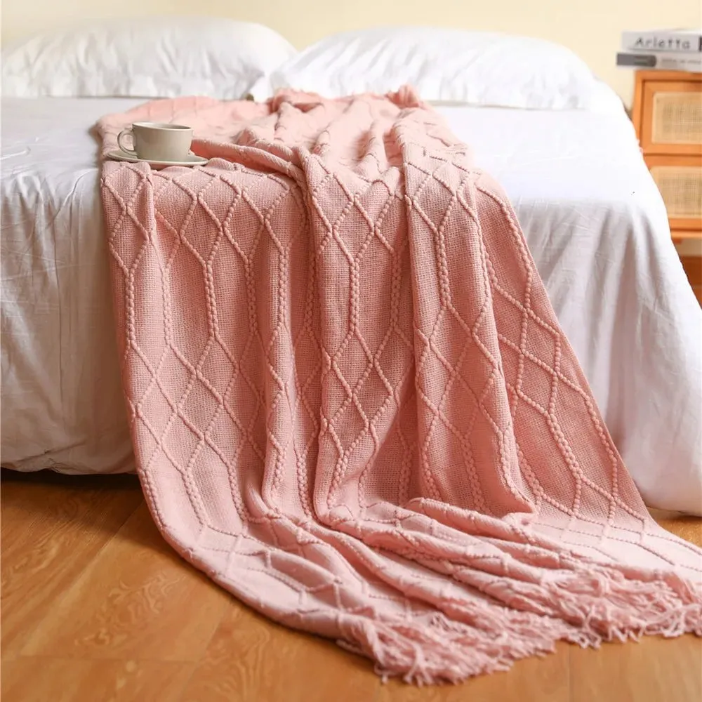 Tasseled textured knit throw blanket