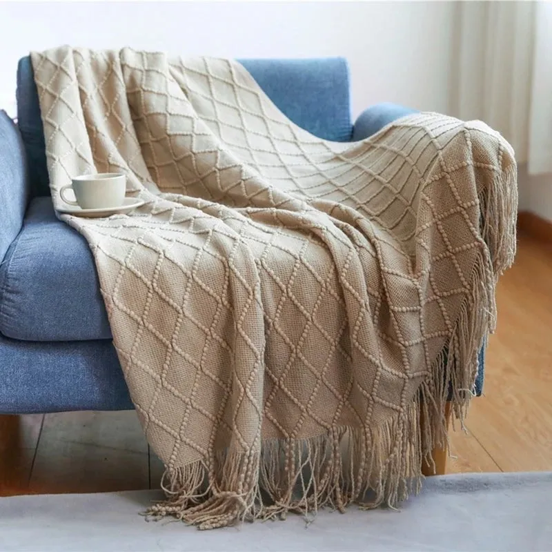 Tasseled textured knit throw blanket