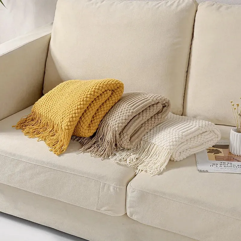Tasseled textured knit throw blanket